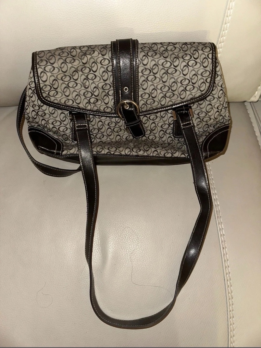 Brown Patterned Shoulder Bag with Dark Brown Trim